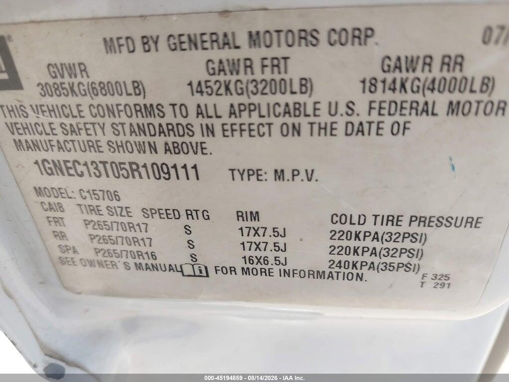 1GNEC13T05R109111 2005 CHEVROLET TAHOE photo no. 9