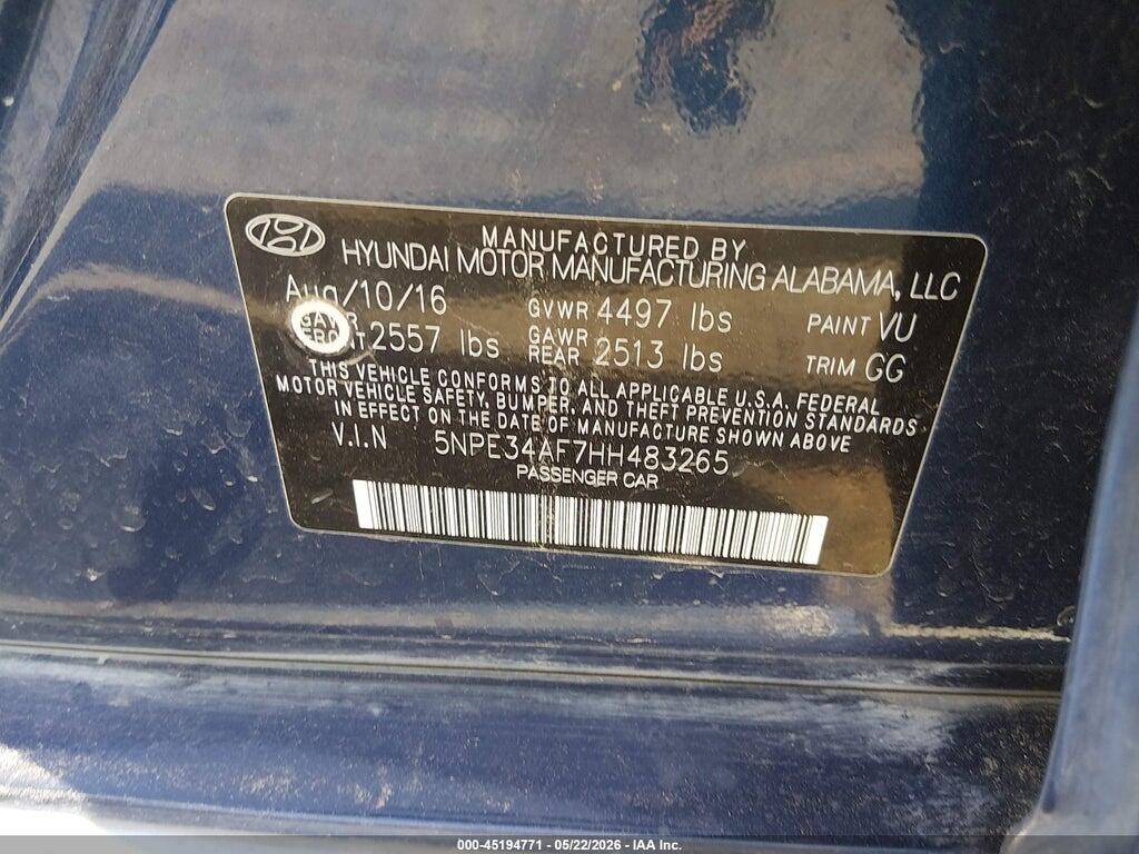 5NPE34AF7HH483265 2017 HYUNDAI SONATA photo no. 9