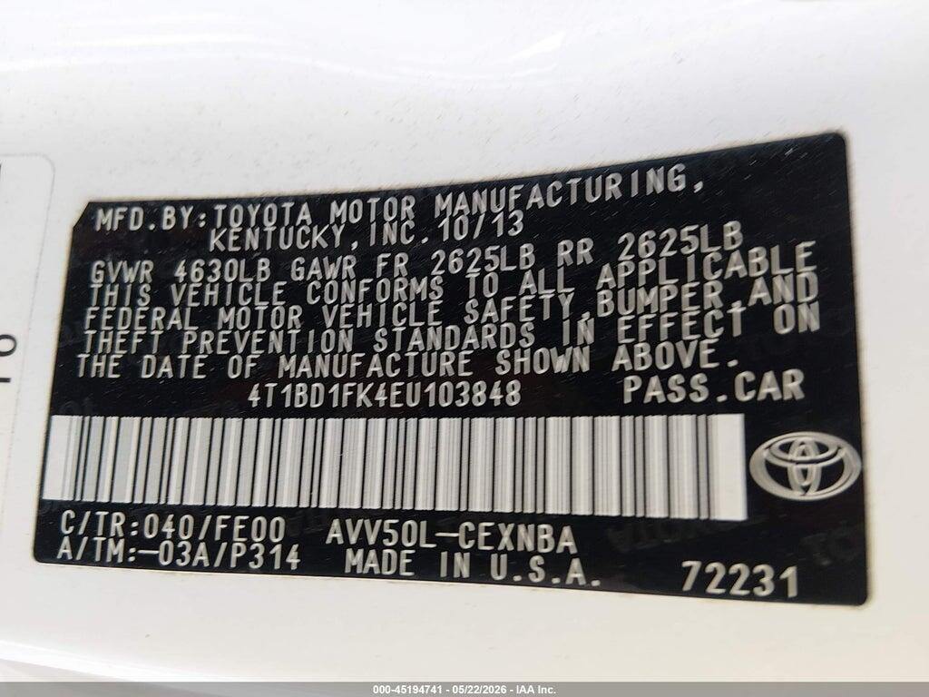 4T1BD1FK4EU103848 2014 TOYOTA CAMRY HYBRID photo no. 9