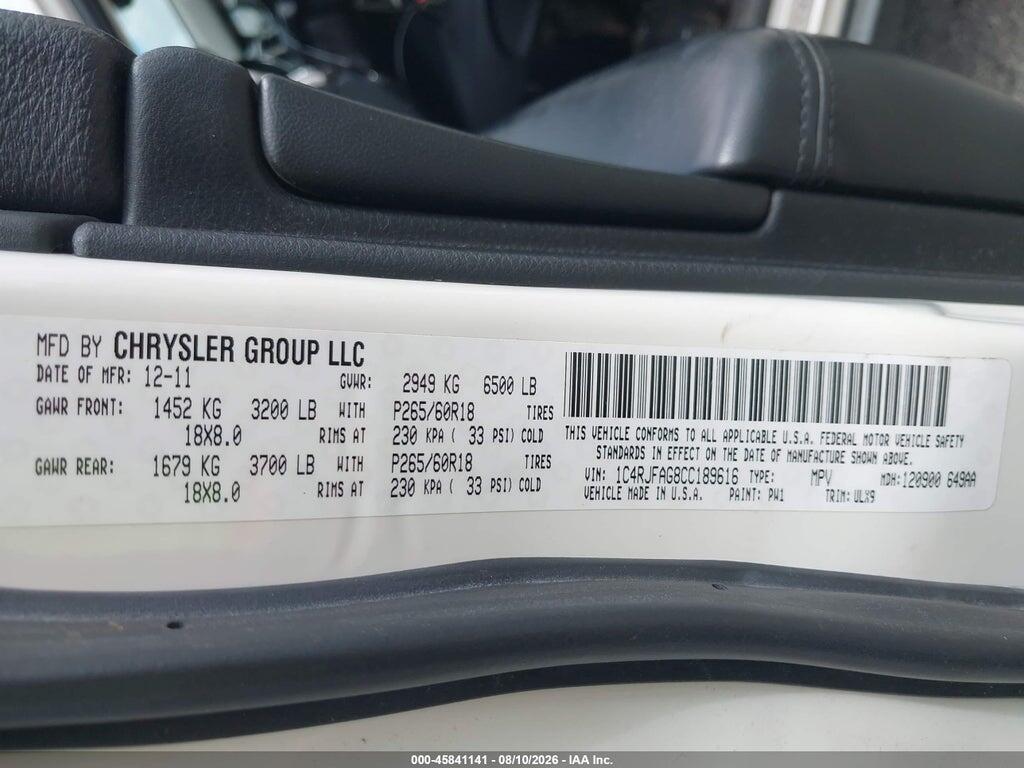 1C4RJFAG8CC189616 2012 JEEP GRAND CHEROKEE photo no. 9