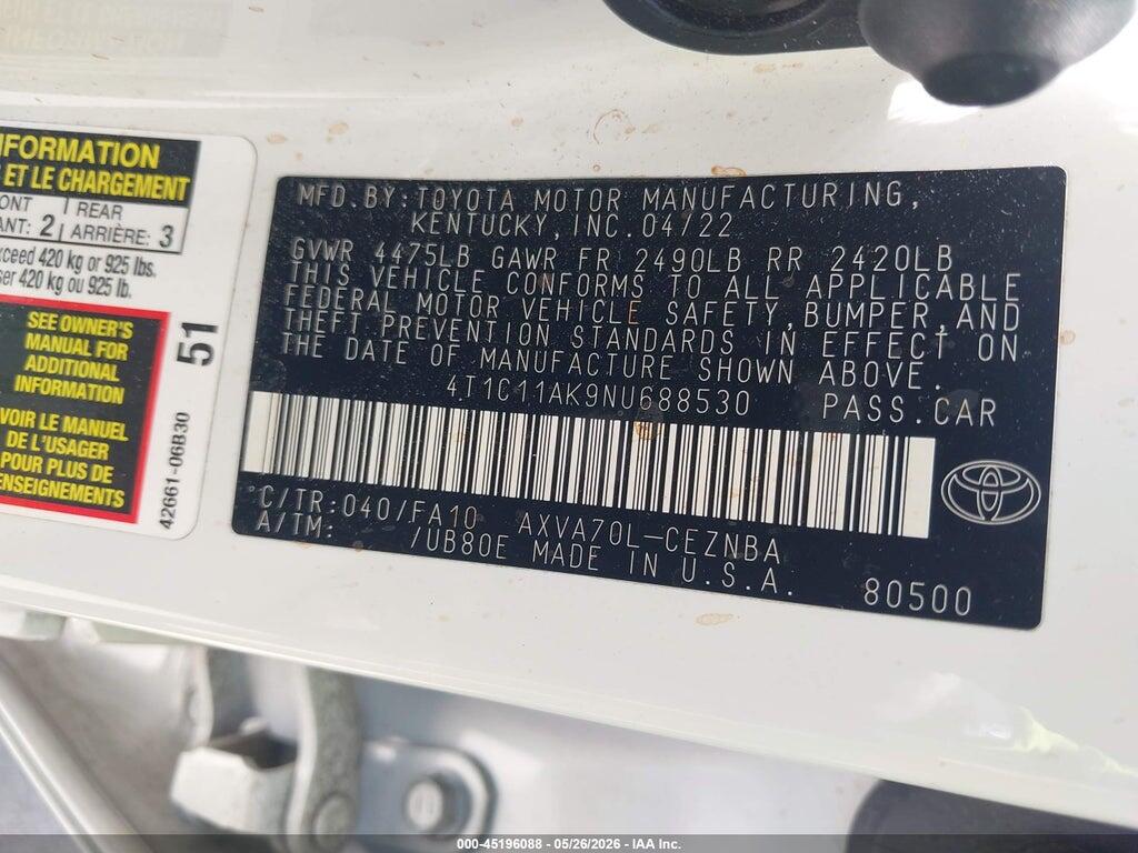 4T1C11AK9NU688530 2022 TOYOTA CAMRY photo no. 9