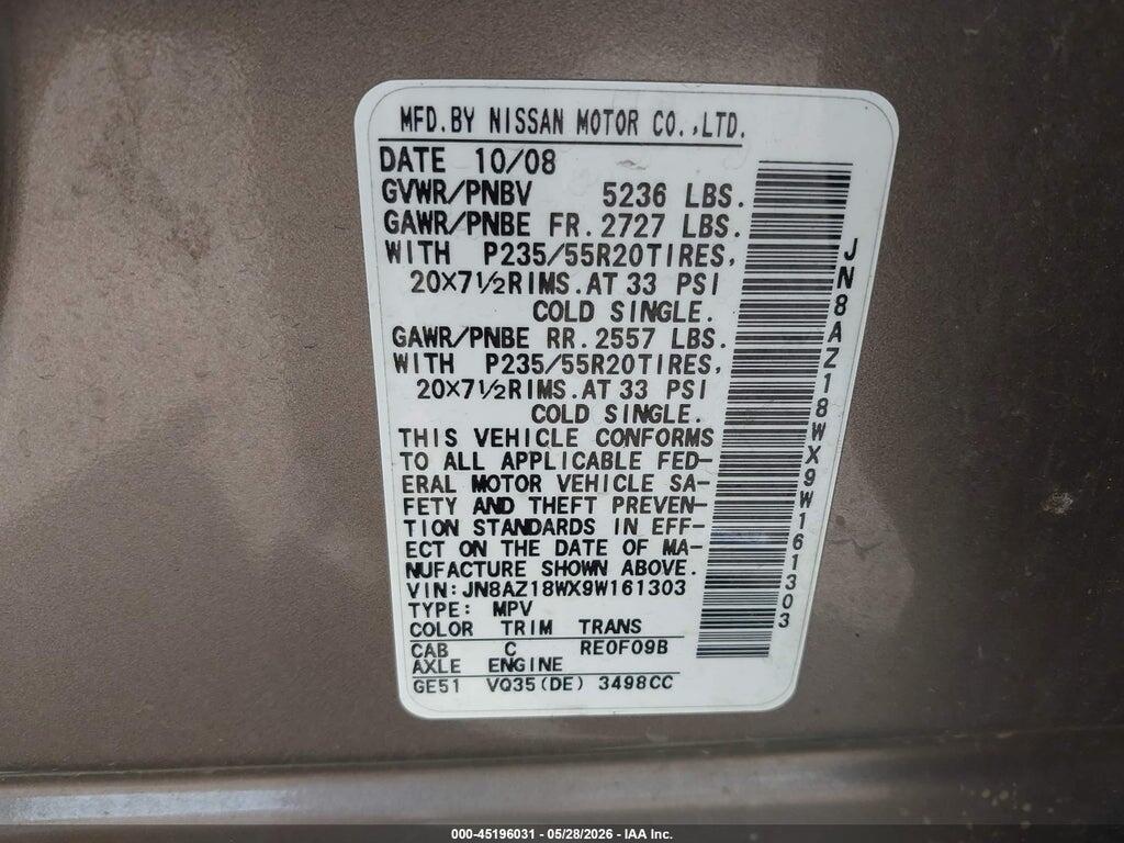 JN8AZ18WX9W161303 2009 NISSAN MURANO photo no. 9