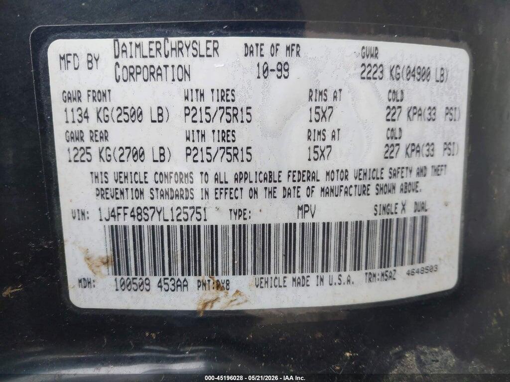 1J4FF48S7YL125751 2000 JEEP CHEROKEE photo no. 9