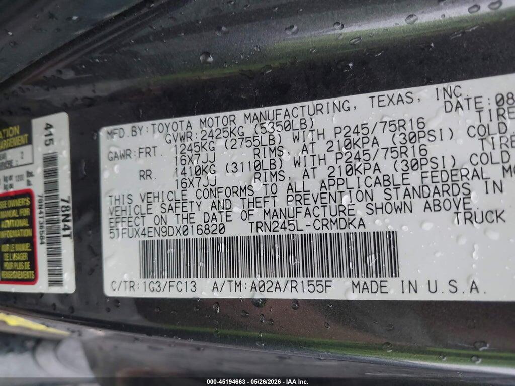 5TFUX4EN9DX016820 2013 TOYOTA TACOMA photo no. 9
