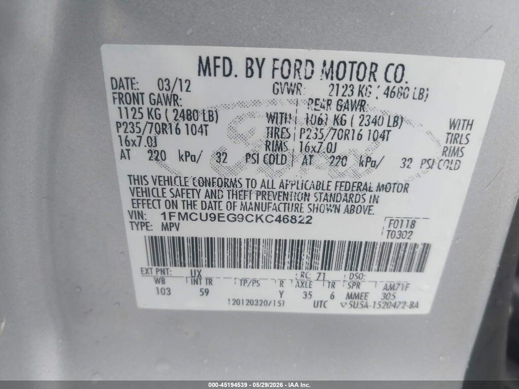 1FMCU9EG9CKC46822 2012 FORD ESCAPE photo no. 9