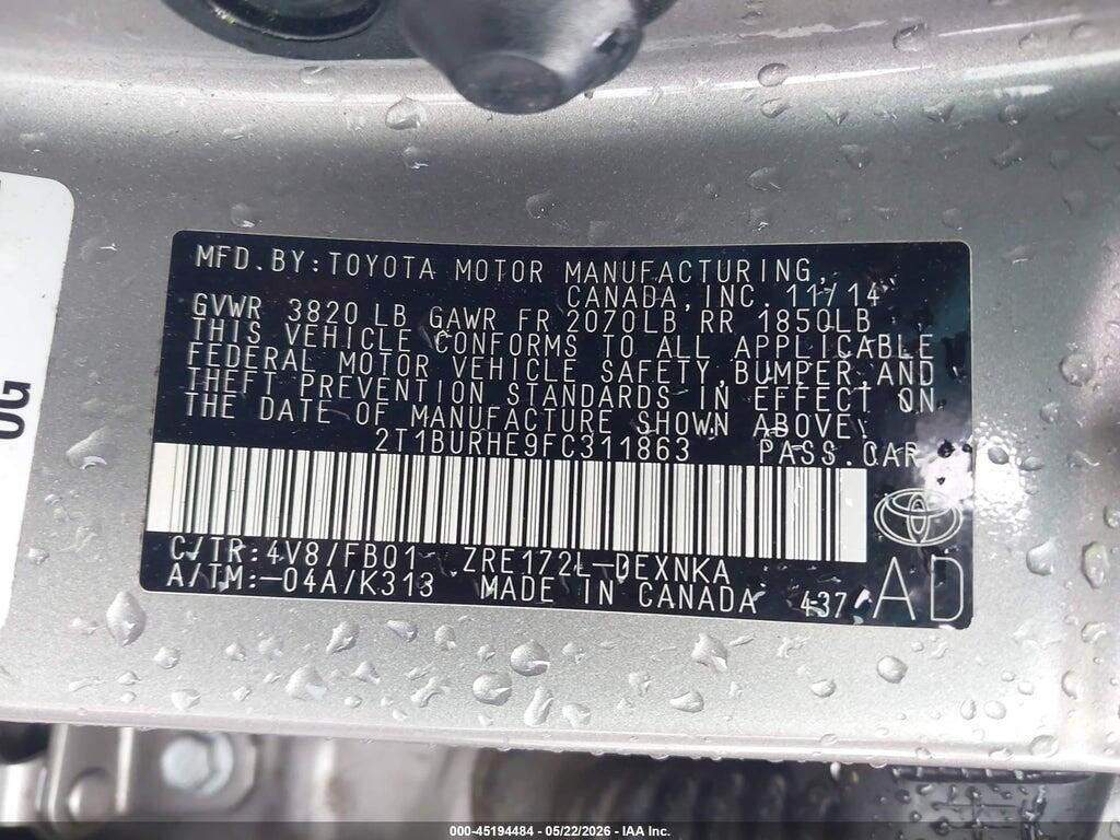 2T1BURHE9FC311863 2015 TOYOTA COROLLA photo no. 9