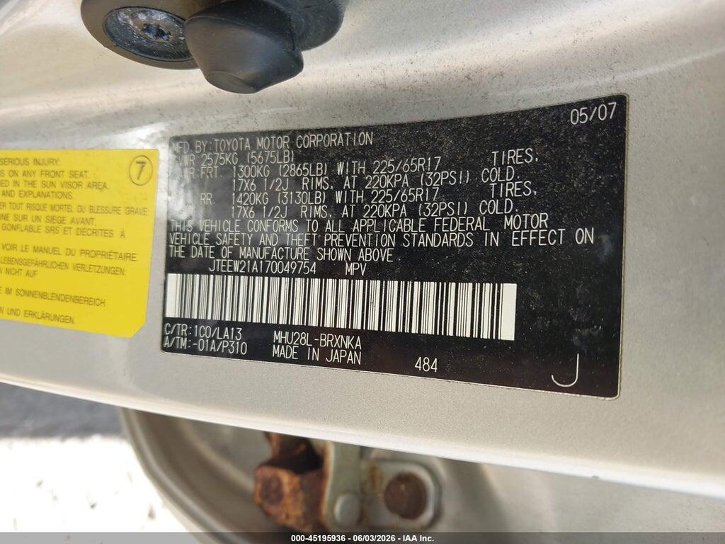 JTEEW21A170049754 2007 TOYOTA HIGHLANDER HYBRID photo no. 9