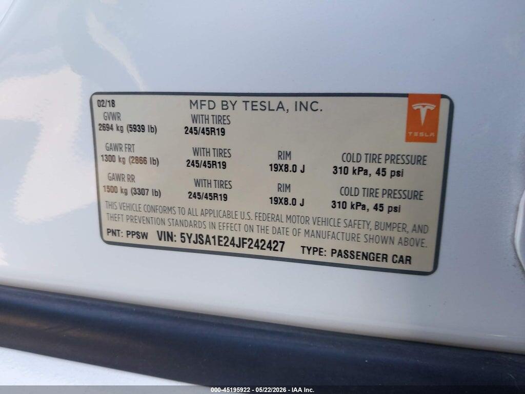 5YJSA1E24JF242427 2018 TESLA MODEL S photo no. 9