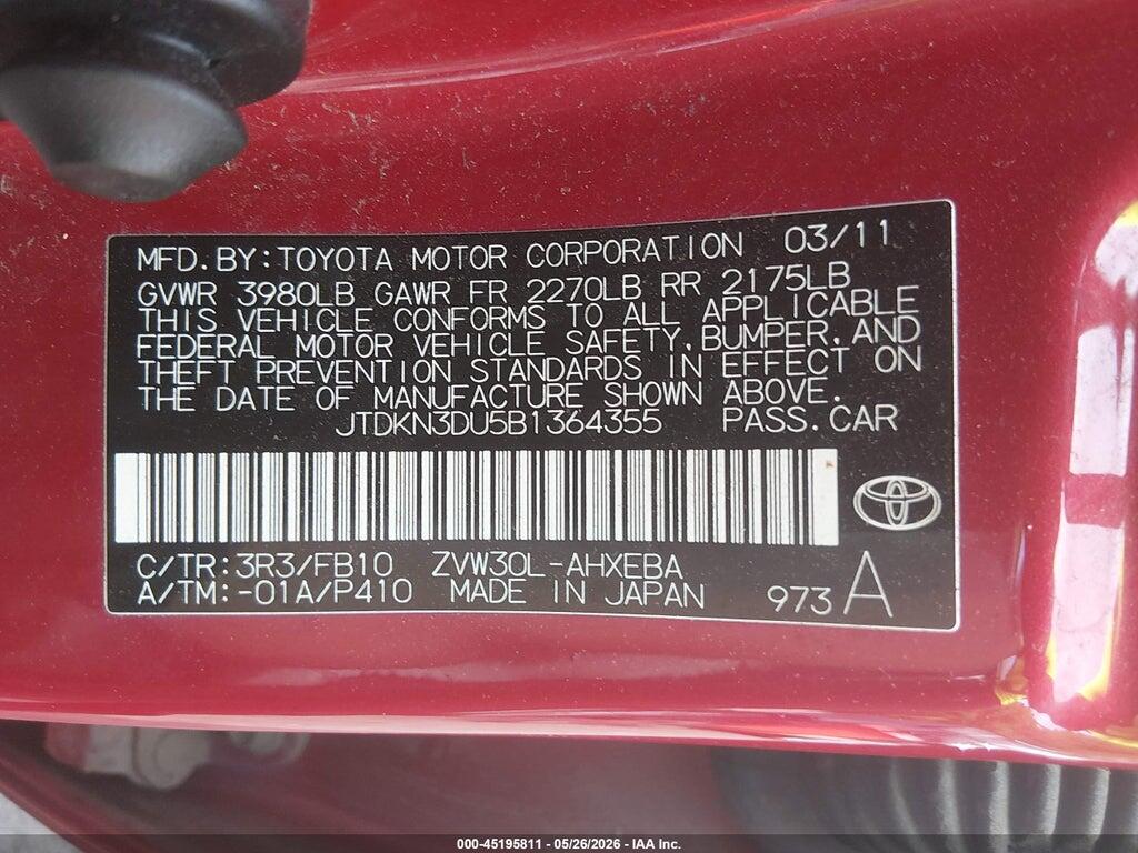 JTDKN3DU5B1364355 2011 TOYOTA PRIUS photo no. 9