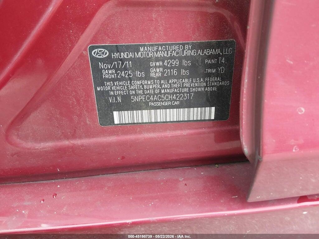 5NPEC4AC5CH422317 2012 HYUNDAI SONATA photo no. 9