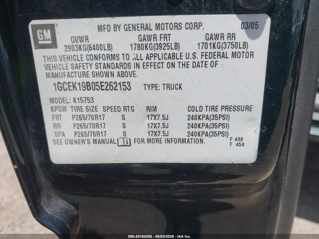 1GCEK19B05E262153 2005 CHEVROLET SILVERADO 1500 photo no. 9