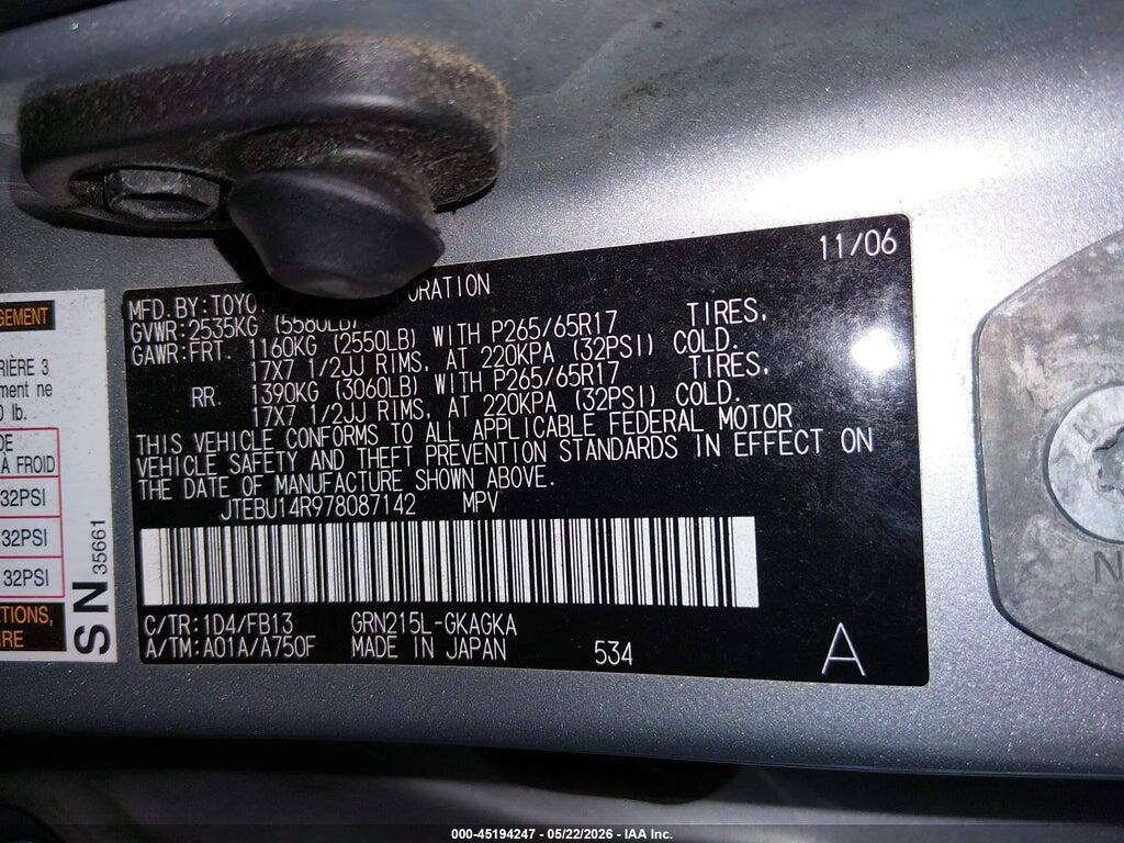 JTEBU14R978087142 2007 TOYOTA 4RUNNER photo no. 9