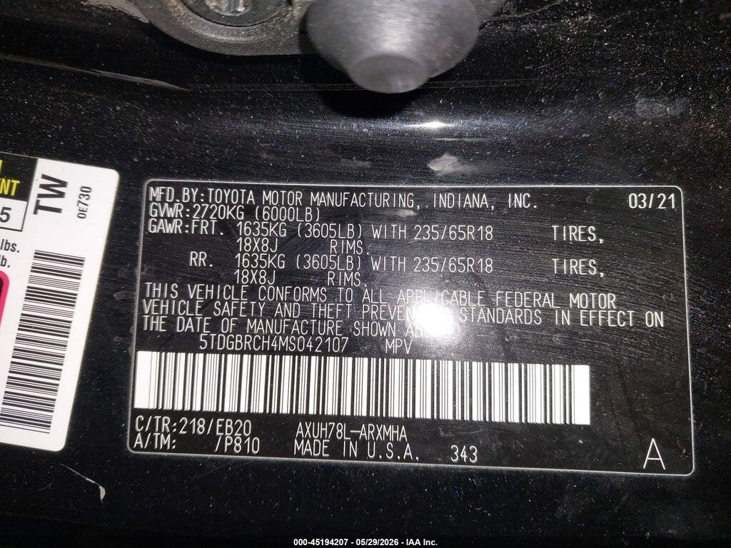 5TDGBRCH4MS042107 2021 TOYOTA HIGHLANDER photo no. 9