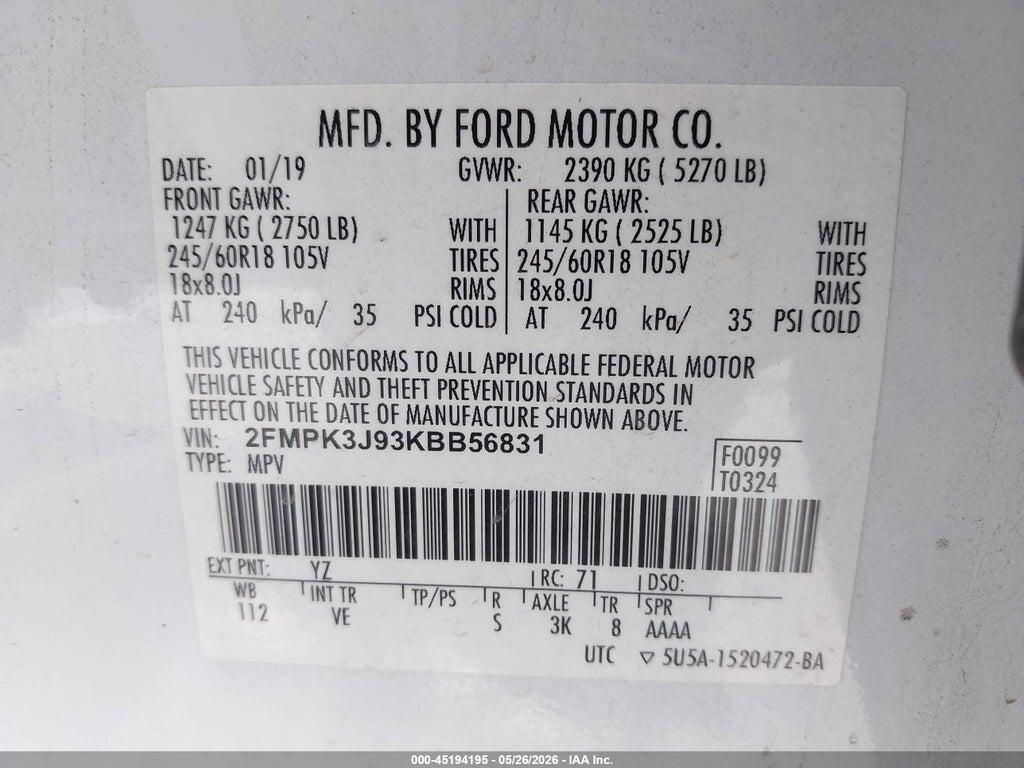 2FMPK3J93KBB56831 2019 FORD EDGE photo no. 9