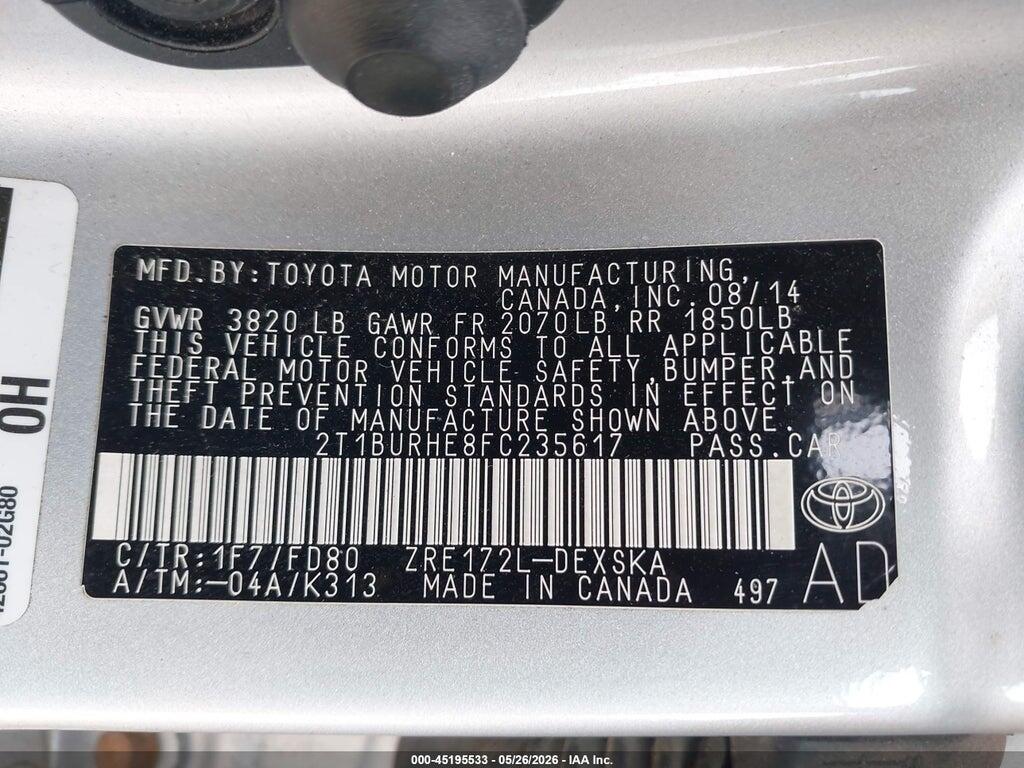 2T1BURHE8FC235617 2015 TOYOTA COROLLA photo no. 9