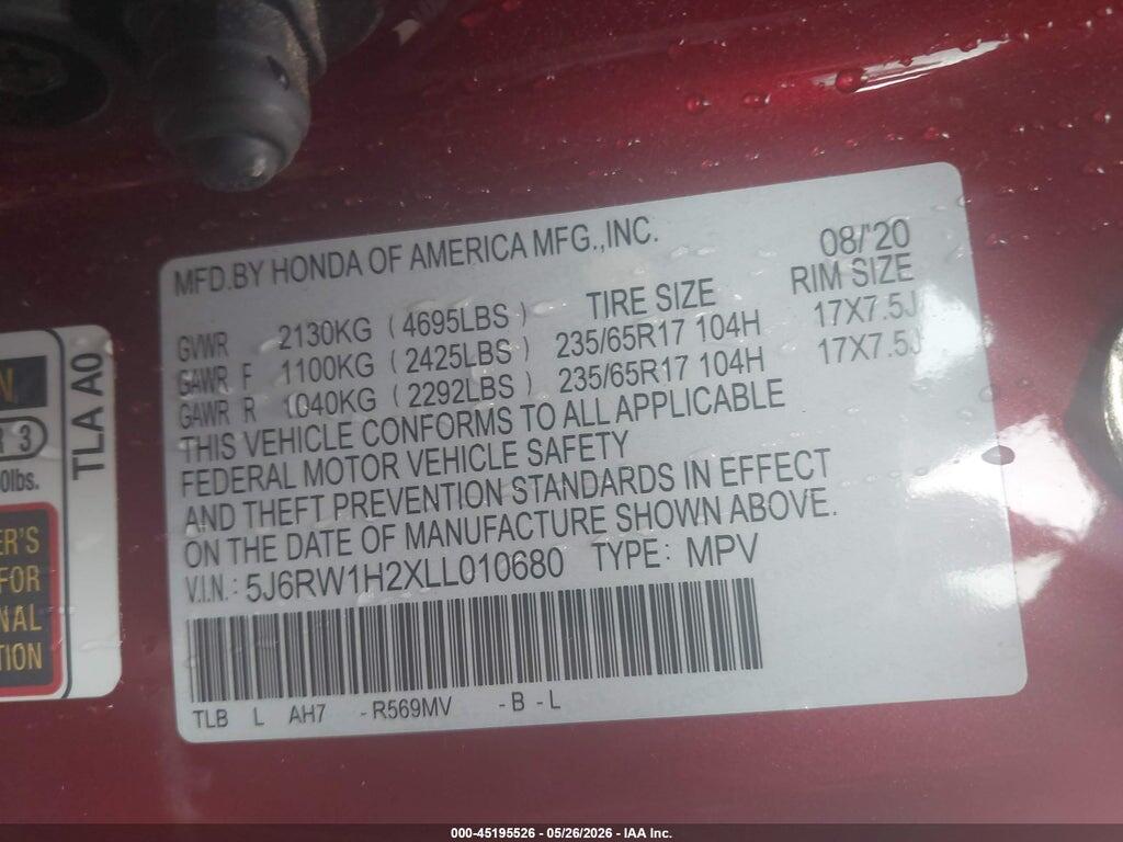 5J6RW1H2XLL010680 2020 HONDA CR-V photo no. 9