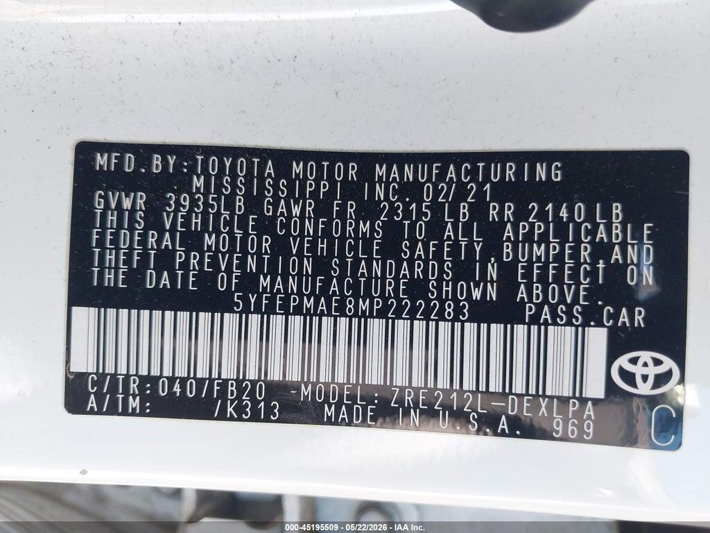 5YFEPMAE8MP222283 2021 TOYOTA COROLLA photo no. 9