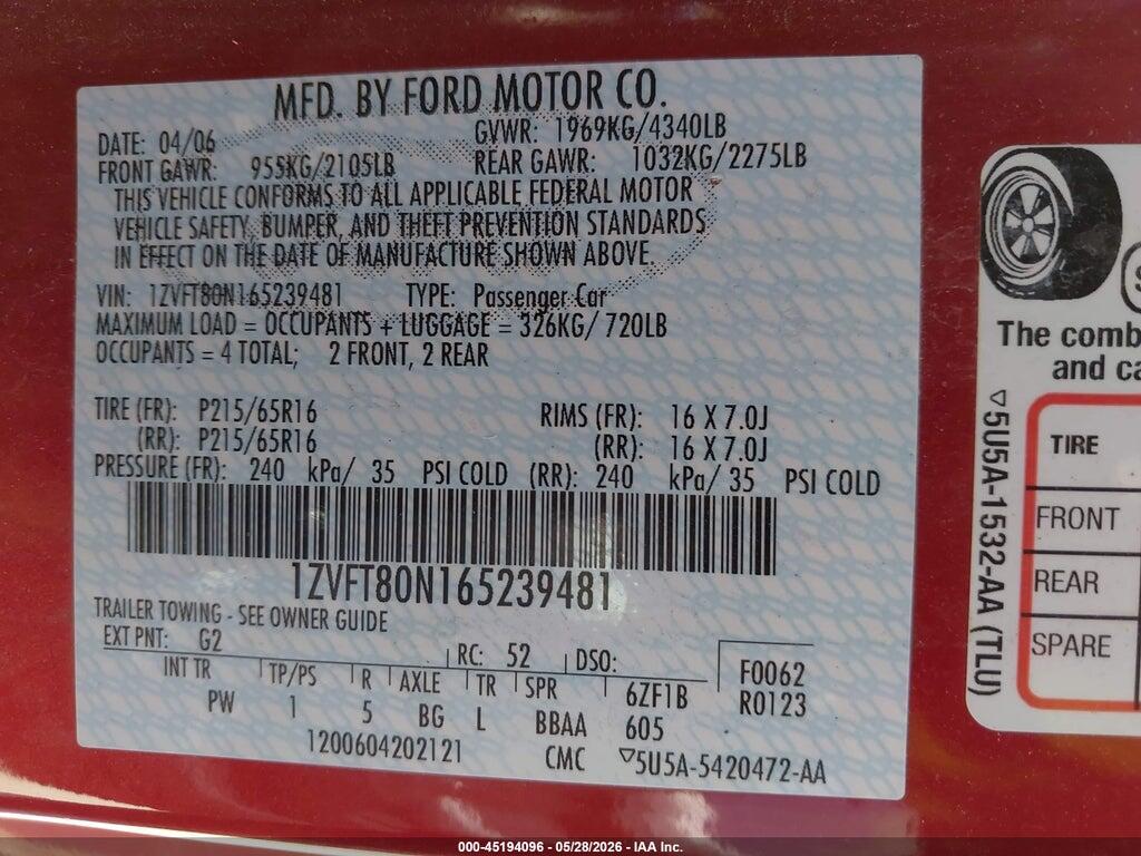 1ZVFT80N165239481 2006 FORD MUSTANG photo no. 9