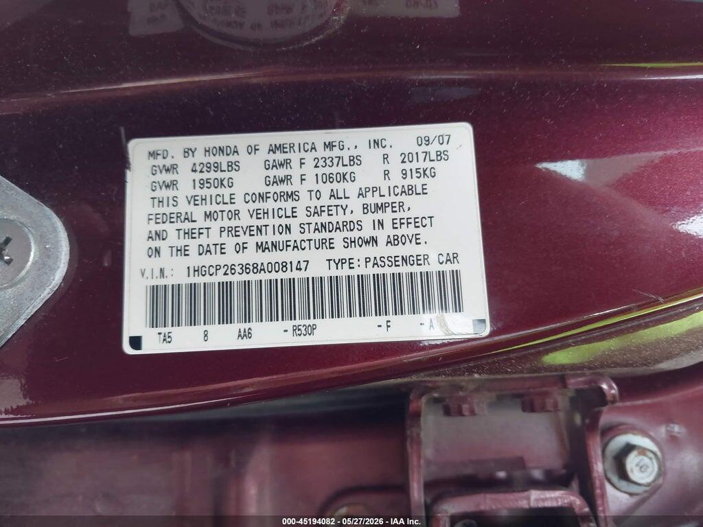 1HGCP26368A008147 2008 HONDA ACCORD photo no. 9