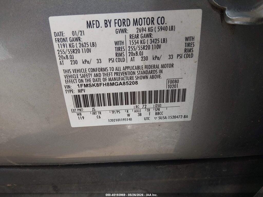 1FMSK8FH8MGA85208 2021 FORD EXPLORER photo no. 9