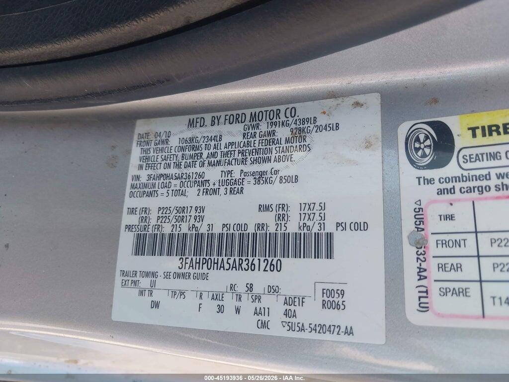3FAHP0HA5AR361260 2010 FORD FUSION photo no. 9