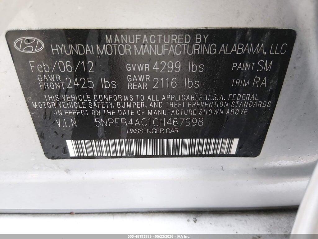 5NPEB4AC1CH467998 2012 HYUNDAI SONATA photo no. 9