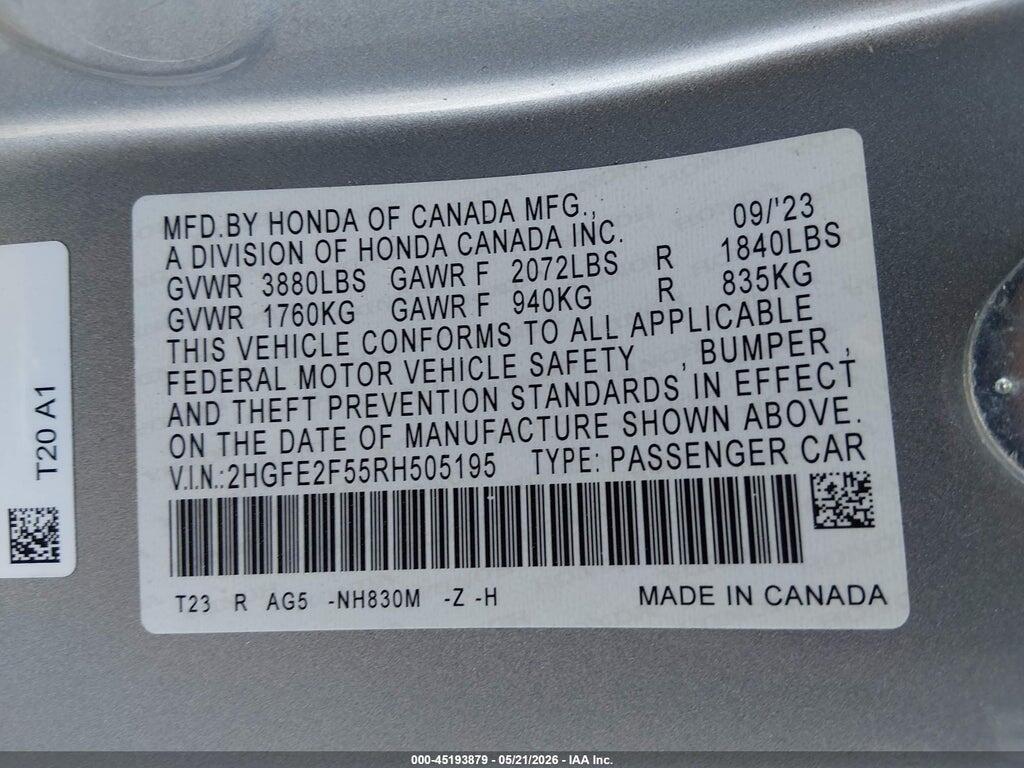 2HGFE2F55RH505195 2024 HONDA CIVIC photo no. 9