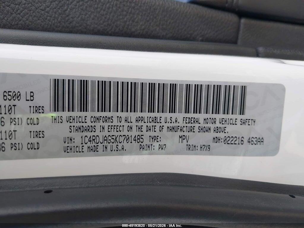 1C4RDJAG5KC701485 2019 DODGE DURANGO photo no. 9