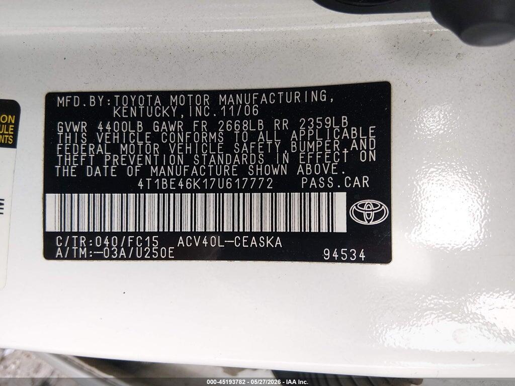 4T1BE46K17U617772 2007 TOYOTA CAMRY photo no. 9