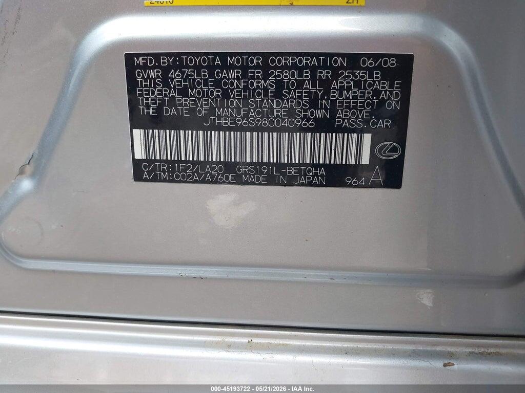 JTHBE96S980040966 2008 LEXUS GS 350 photo no. 9