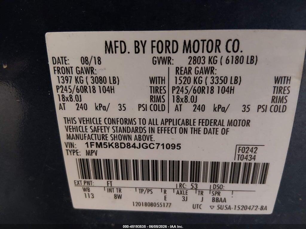 1FM5K8D84JGC71095 2018 FORD EXPLORER photo no. 9