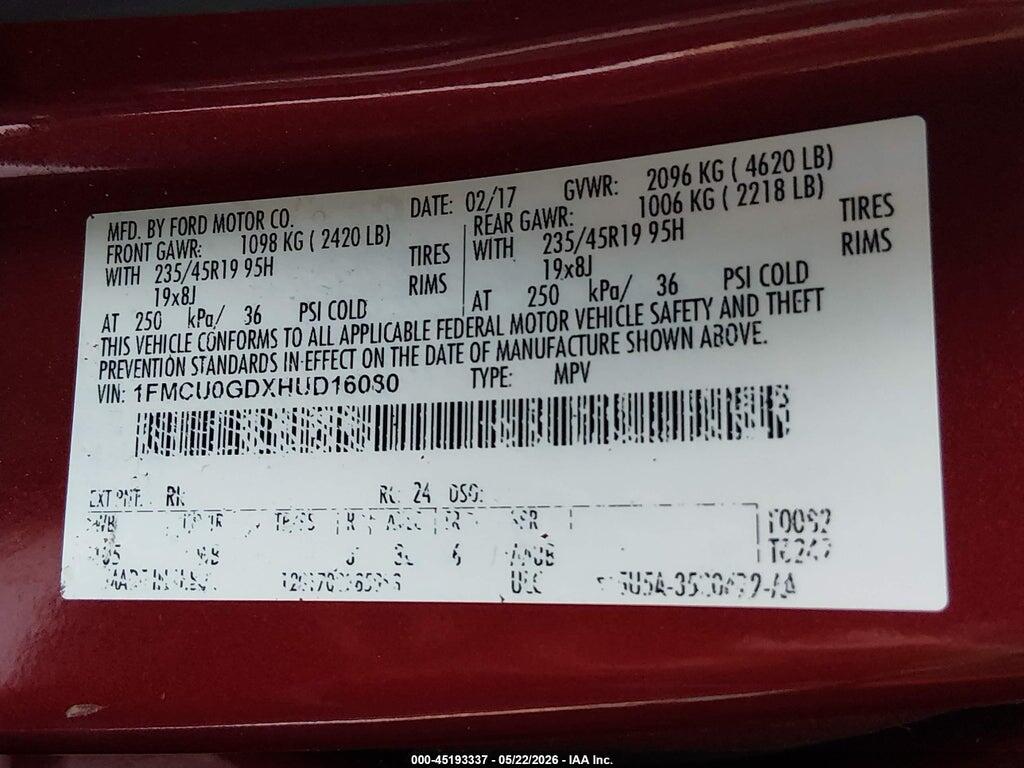 1FMCU0GDXHUD16080 2017 FORD ESCAPE photo no. 9