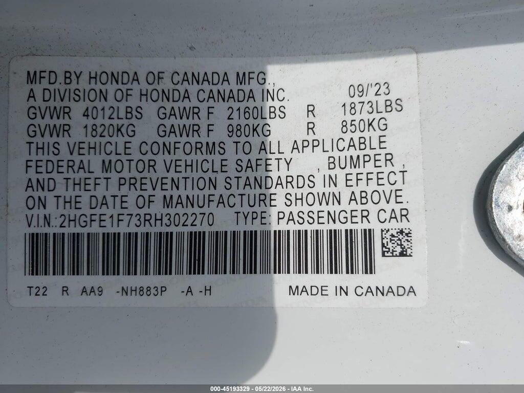 2HGFE1F73RH302270 2024 HONDA CIVIC photo no. 9