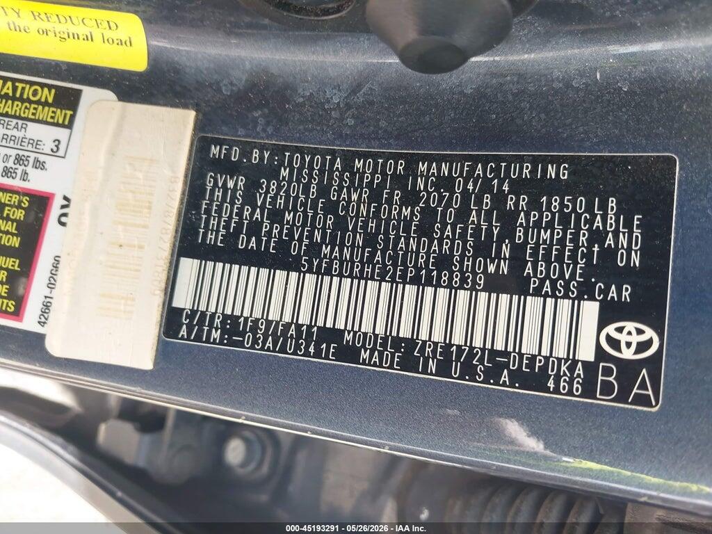 5YFBURHE2EP118839 2014 TOYOTA COROLLA photo no. 9