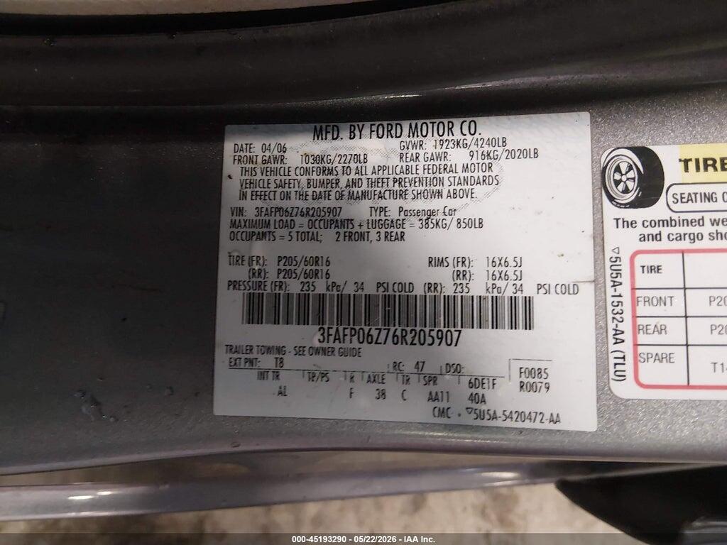 3FAFP06Z76R205907 2006 FORD FUSION photo no. 9