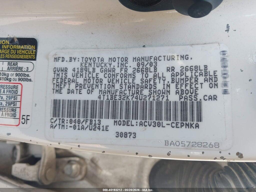 4T1BE32K74U271271 2004 TOYOTA CAMRY photo no. 9
