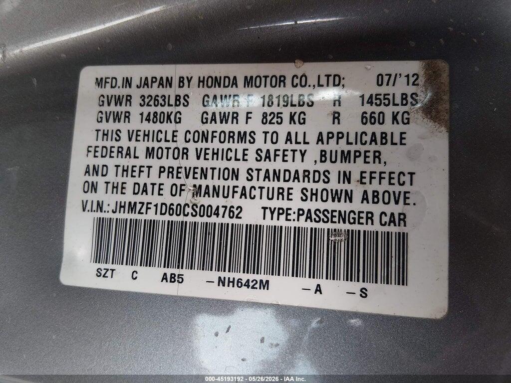 JHMZF1D60CS004762 2012 HONDA CR-Z photo no. 9