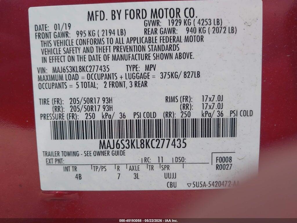 MAJ6S3KL8KC277435 2019 FORD ECOSPORT photo no. 9