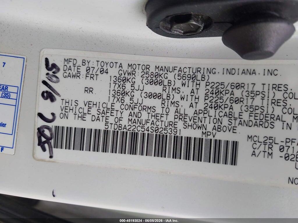 5TDBA22C54S025391 2004 TOYOTA SIENNA photo no. 9