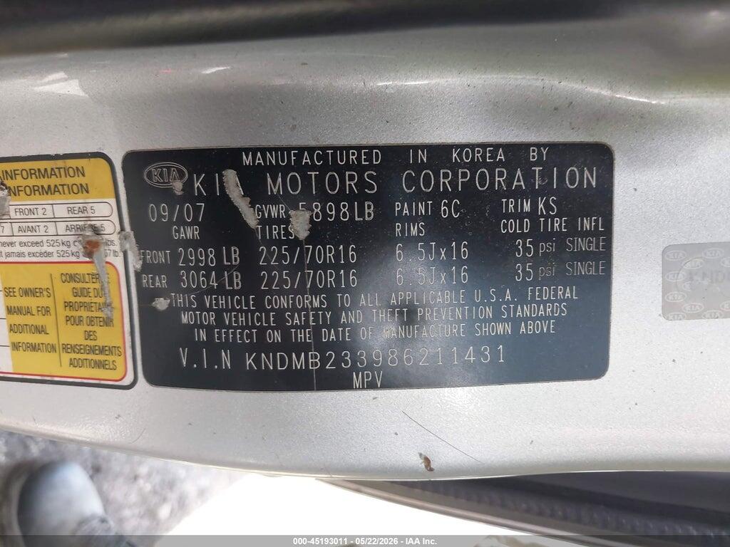 KNDMB233986211431 2008 KIA SEDONA photo no. 9