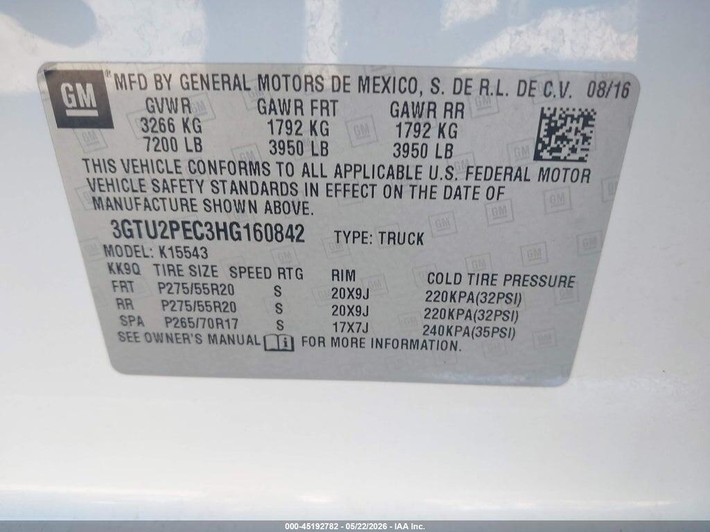 3GTU2PEC3HG160842 2017 GMC SIERRA 1500 photo no. 9