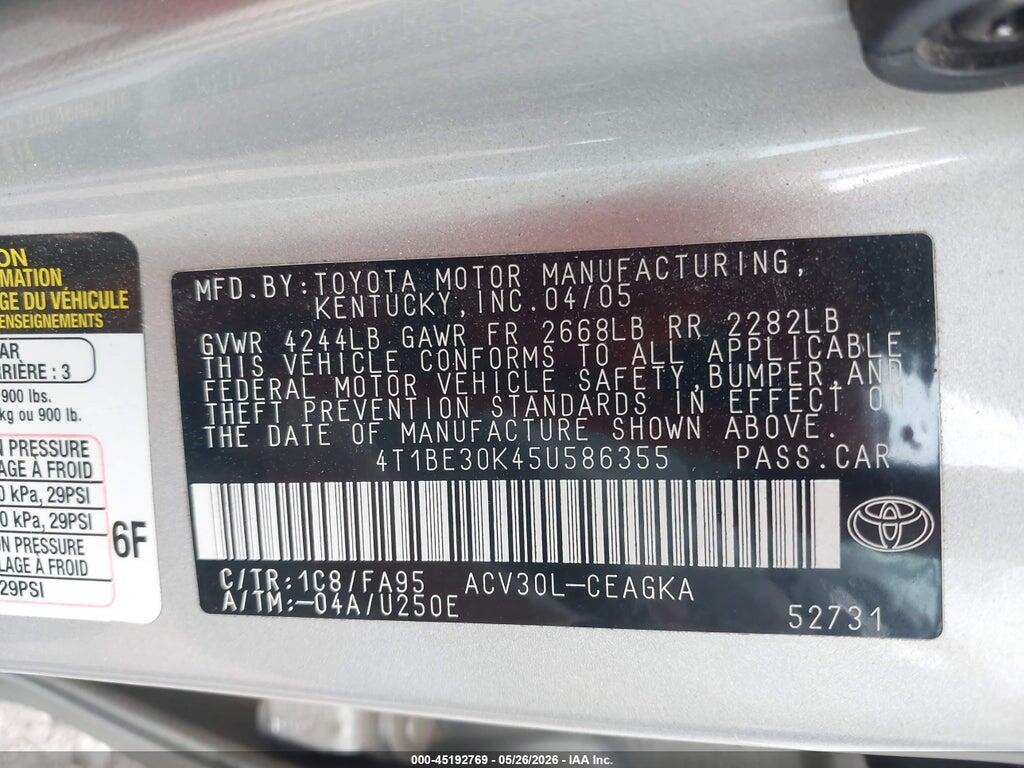 4T1BE30K45U586355 2005 TOYOTA CAMRY photo no. 9