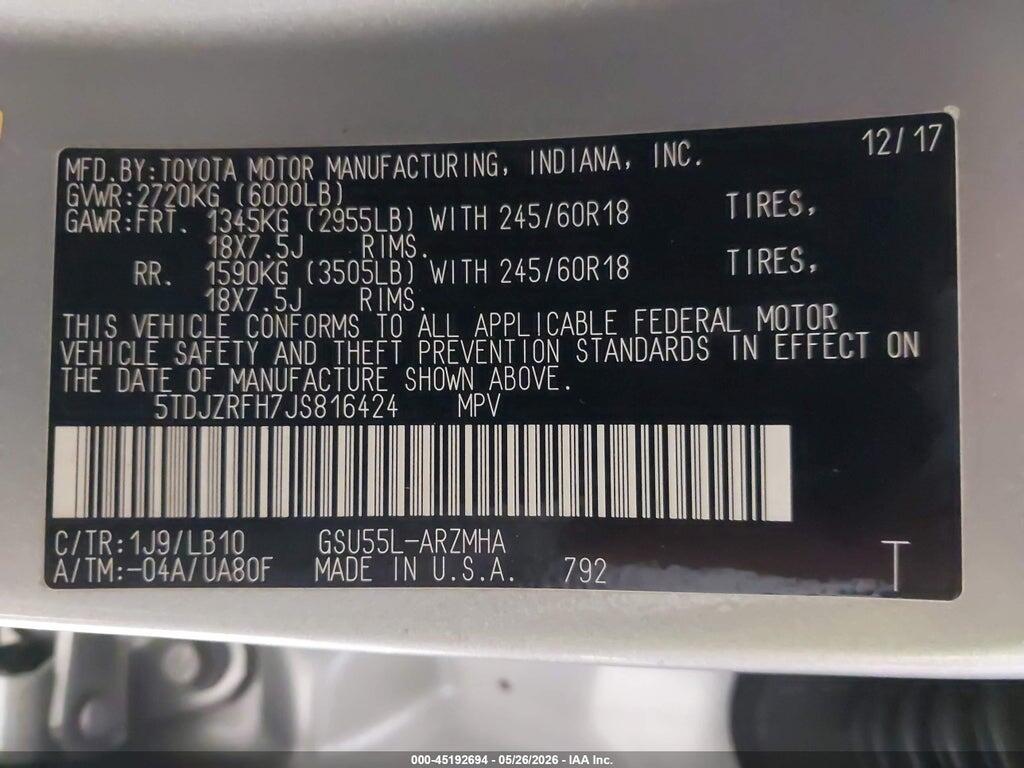 5TDJZRFH7JS816424 2018 TOYOTA HIGHLANDER photo no. 9
