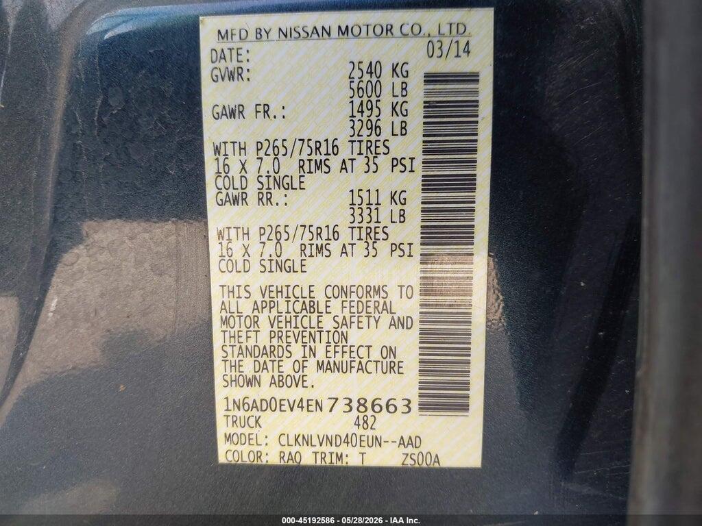 1N6AD0EV4EN738663 2014 NISSAN FRONTIER photo no. 9