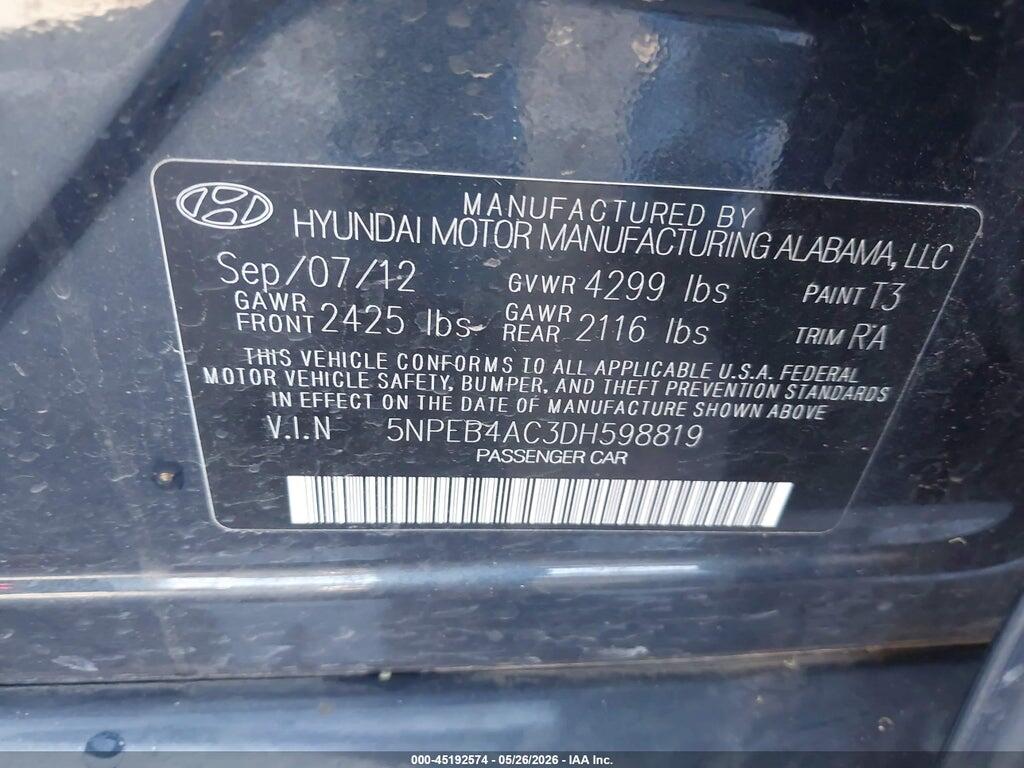 5NPEB4AC3DH598819 2013 HYUNDAI SONATA photo no. 9