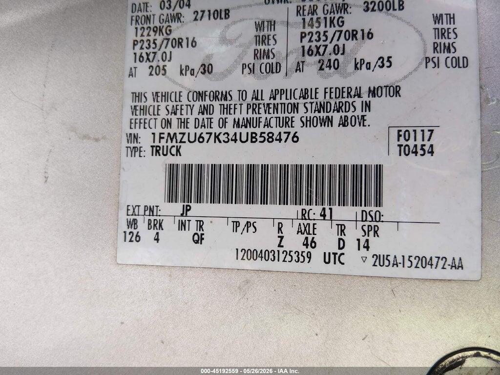1FMZU67K34UB58476 2004 FORD EXPLORER SPORT TRAC photo no. 9