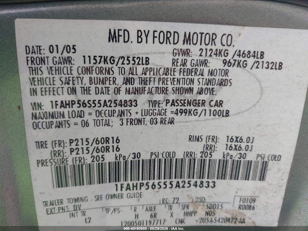 1FAHP56S55A254833 2005 FORD TAURUS photo no. 9