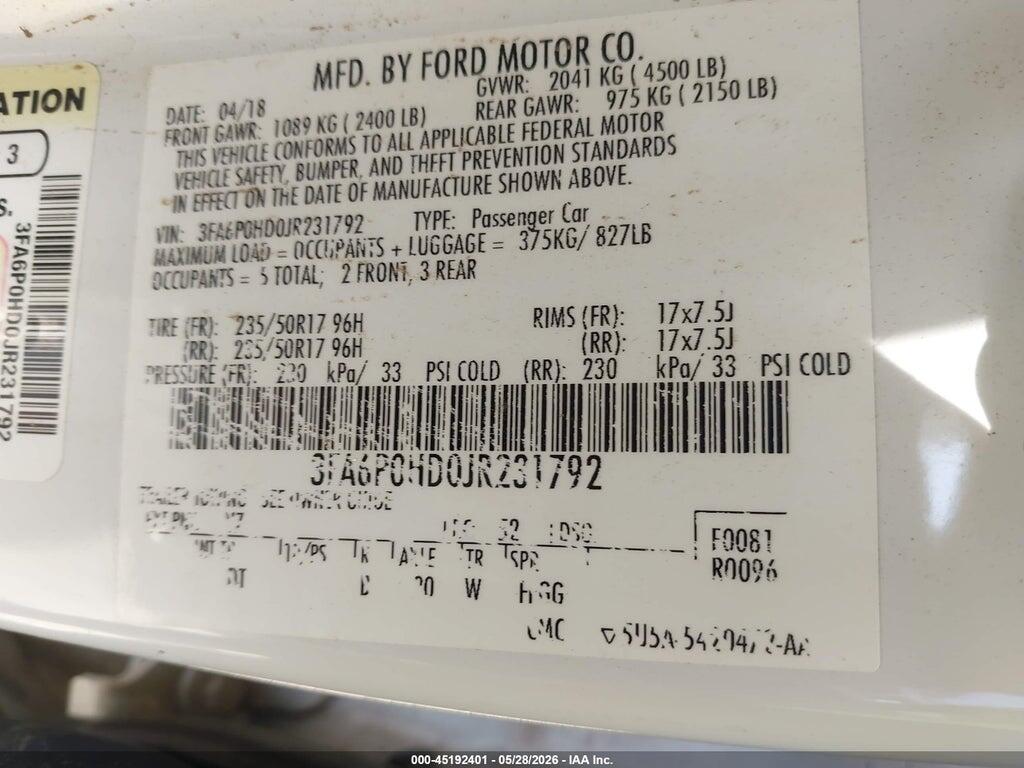 3FA6P0HD0JR231792 2018 FORD FUSION photo no. 9