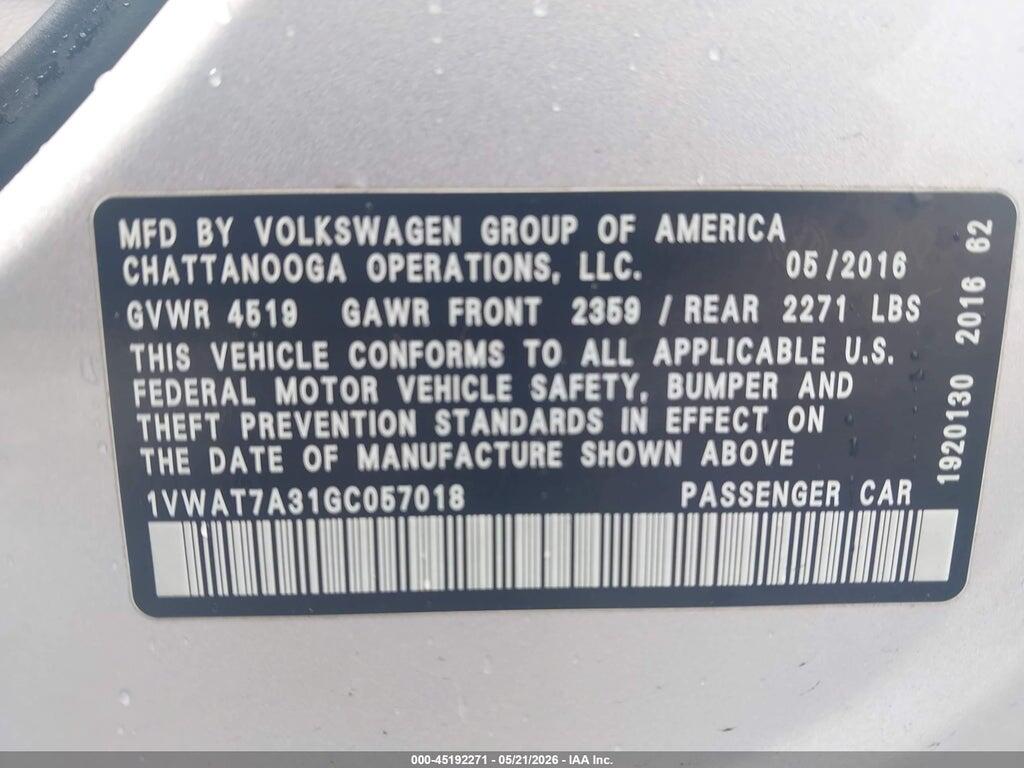 1VWAT7A31GC057018 2016 VOLKSWAGEN PASSAT photo no. 9