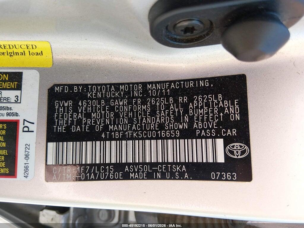 4T1BF1FK5CU016659 2012 TOYOTA CAMRY photo no. 9